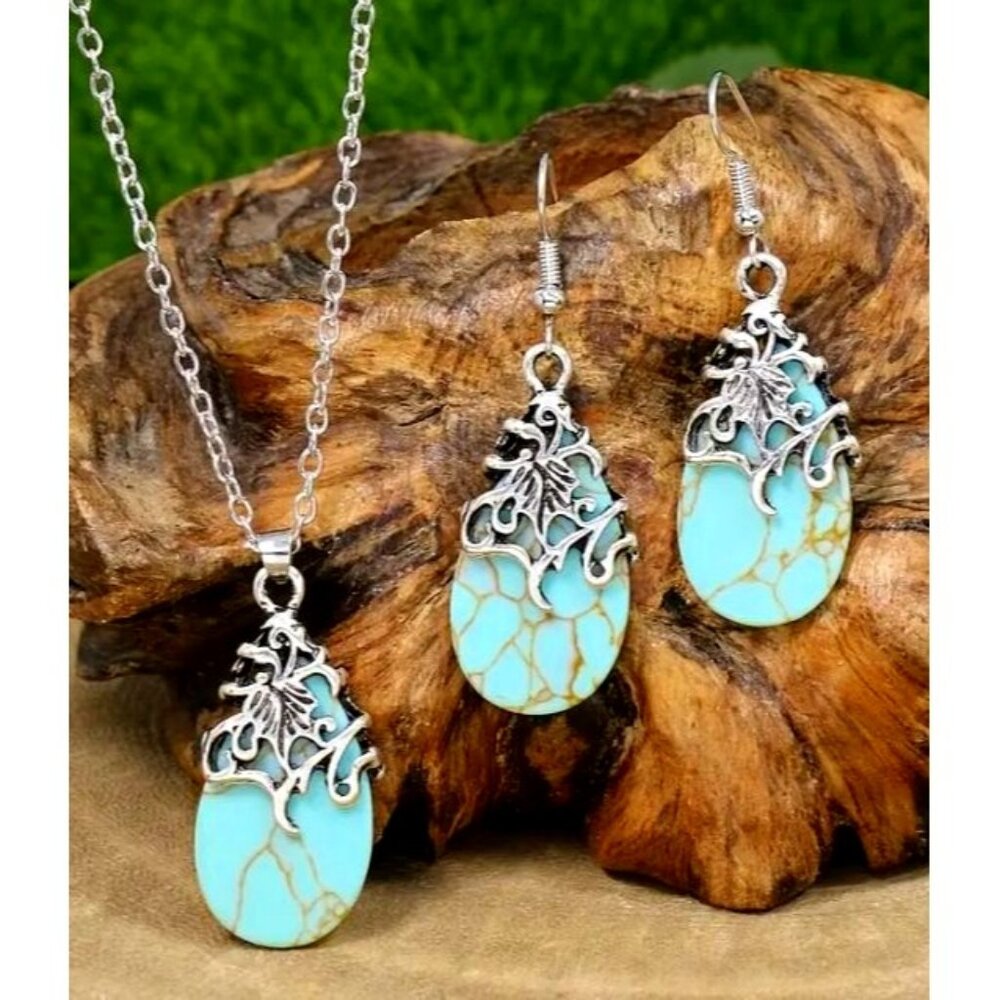Turquoise Toned Gemstone Necklace & Earring‎ Costume Set NEW